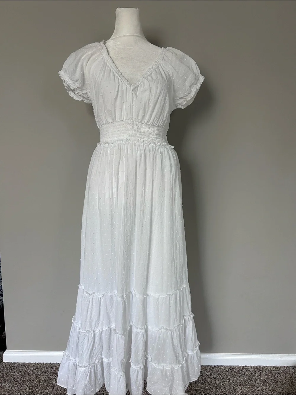 Betsey Johnson White Swiss Dot Smocked Waist Cottagecore Tiered Maxi Dress